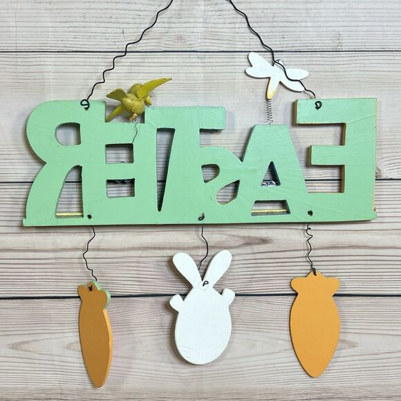 Vintage EASTER Wooden Hanging Sign Decoration Hand Painted Bunny Bird Spring 14” - Picture 2 of 12